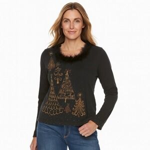 Jack B Quick Shirt Womens Black Christmas Tree Beaded Sequin Feather Trimmed Sm‎